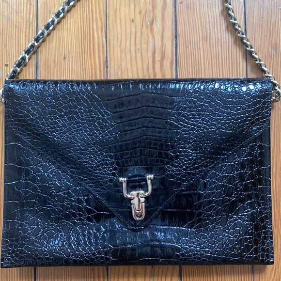 Vintage 80s patent leather croc print envelope crossbody/shoulder bag w chain - Picture 1 of 13